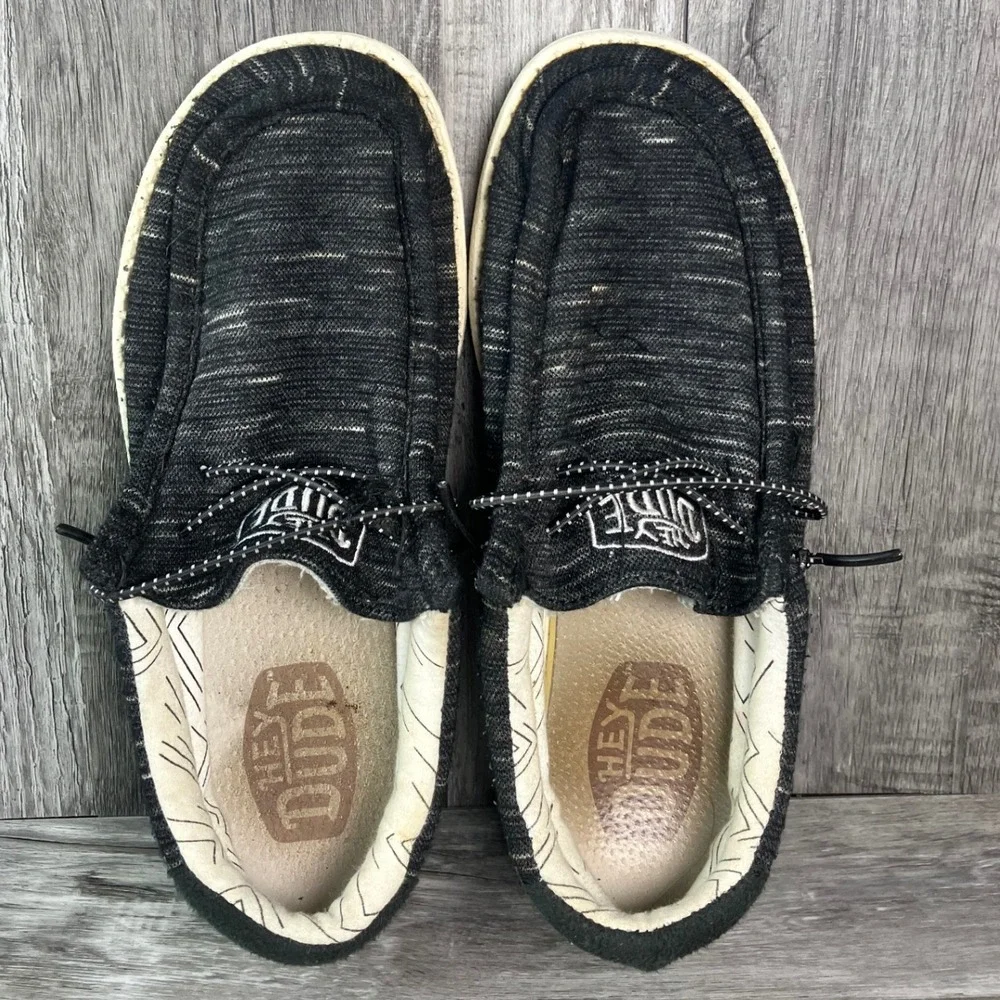 Hey Dude Wally Youth Stretch Black Marled Slip On Loafers Shoes Size 4Y